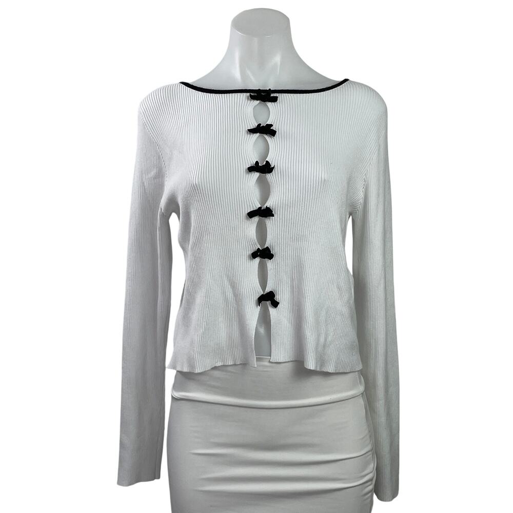 Stella Tweed Women's White Ribbed Knit Bow Cut Out Long Sleeve Crop Top Size XL